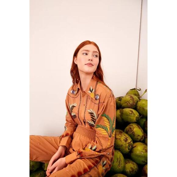 FARM RIO Mystic Embroidered + Beaded L/S Button-Up Shirt Peach/Tan Large - Picture 2 of 15